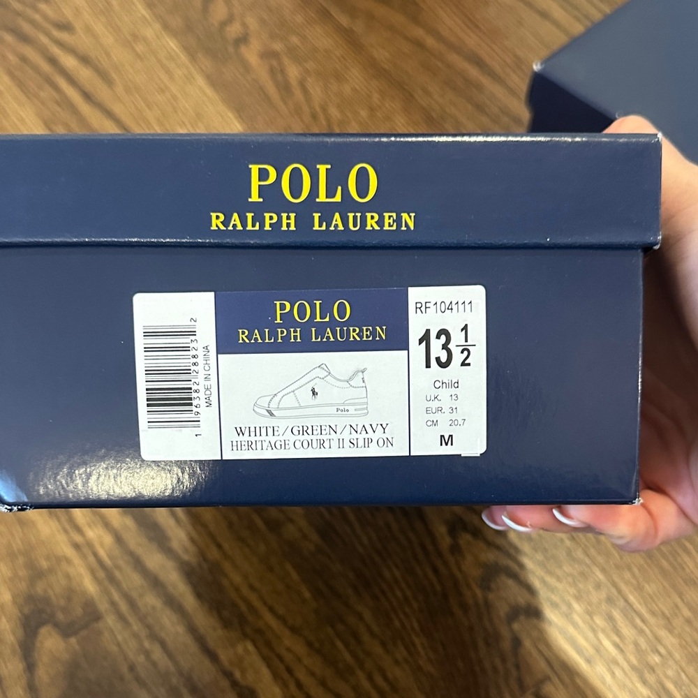 Polo by Ralph Lauren White Slip-On Sneakers with Navy & Green Accents